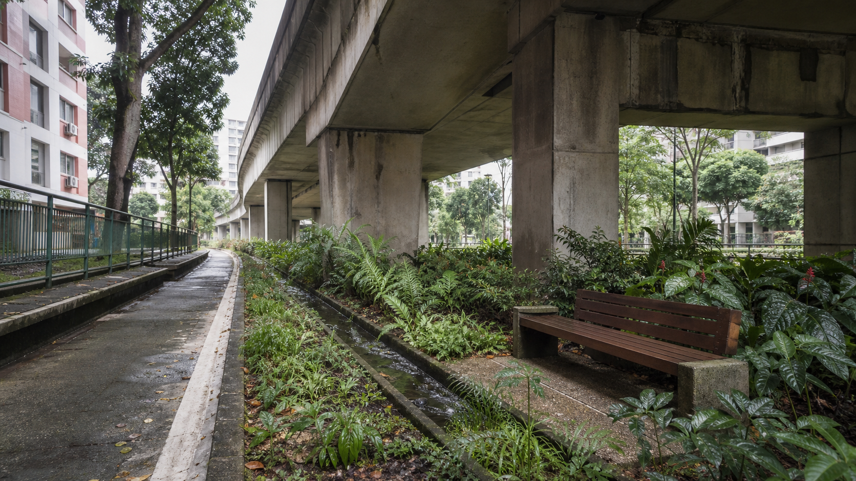 Conceptual viaduct-edge rain garden with tropical planting and permeable paving